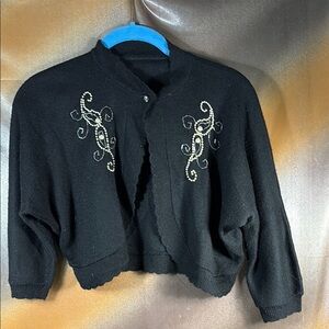 Vintage 50’s beaded details Black Embroidered Cardigan shrug‎ E1